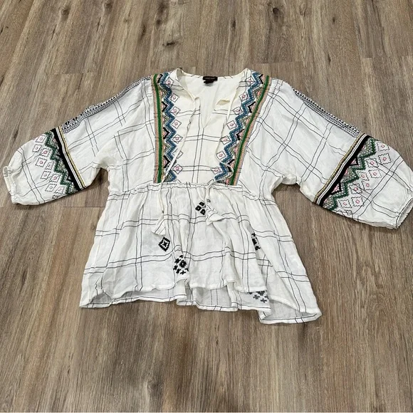 Anthropologie Embroidered Plaid Blouse - White and Green - Picture 4 of 8